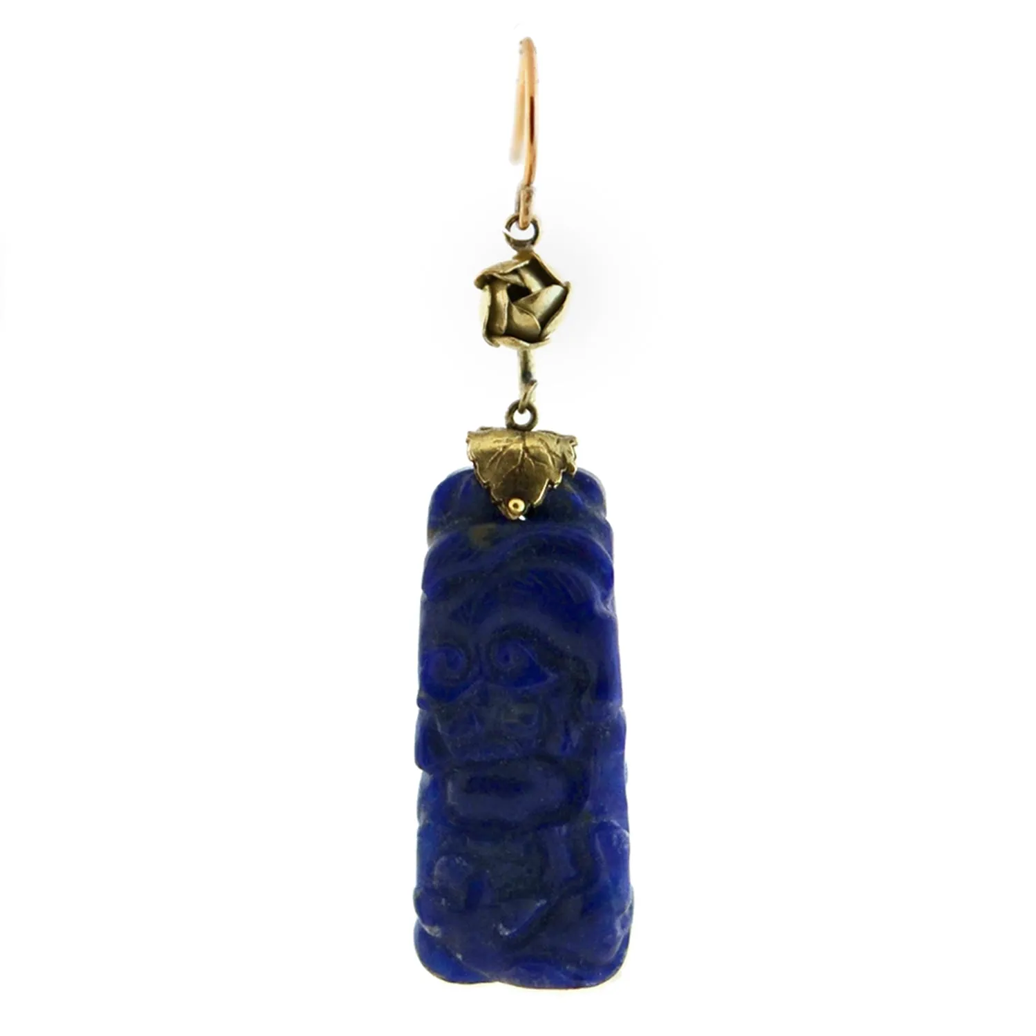 Late Art Deco Chinese 14kt Carved Sodalite Earrings