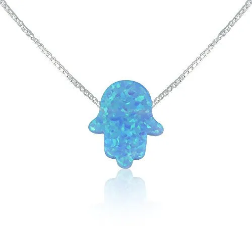 Light Blue Opal Hamsa Hand Necklace - 15 to 22 Inch Sterling Silver Box Chain FREE EVIL EYE BRACELET with order