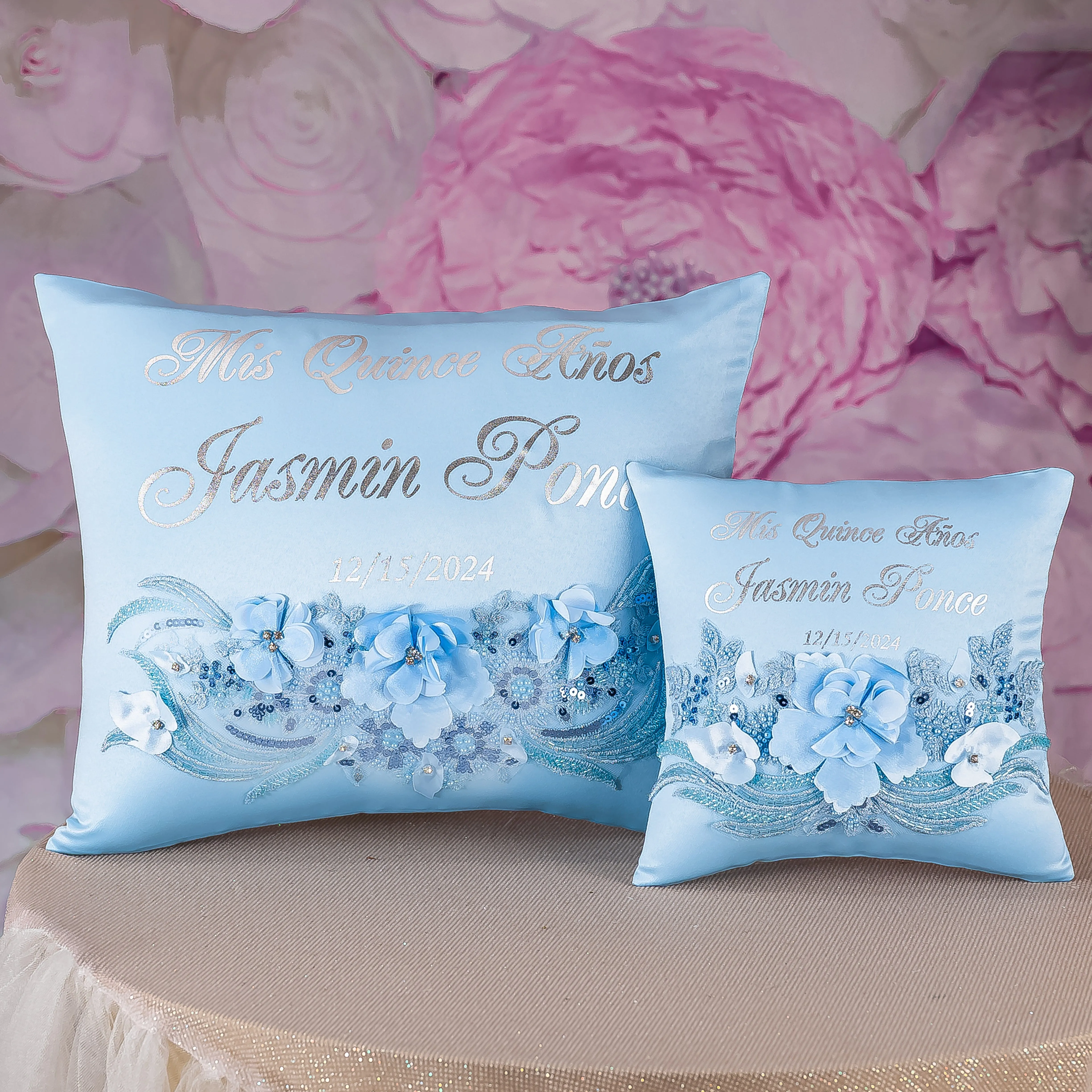 Light blue quinceanera pillows set