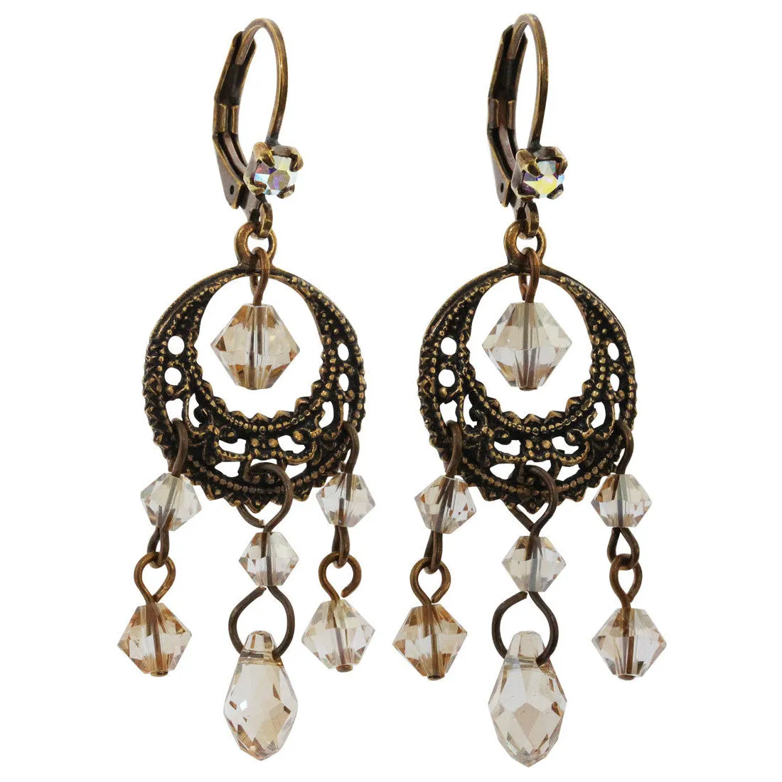 Liz Palacios Antiqued Brass Filigree Hoop Dangle Chandelier Swarovski Earrings, BDE-25 Antique Neutrals