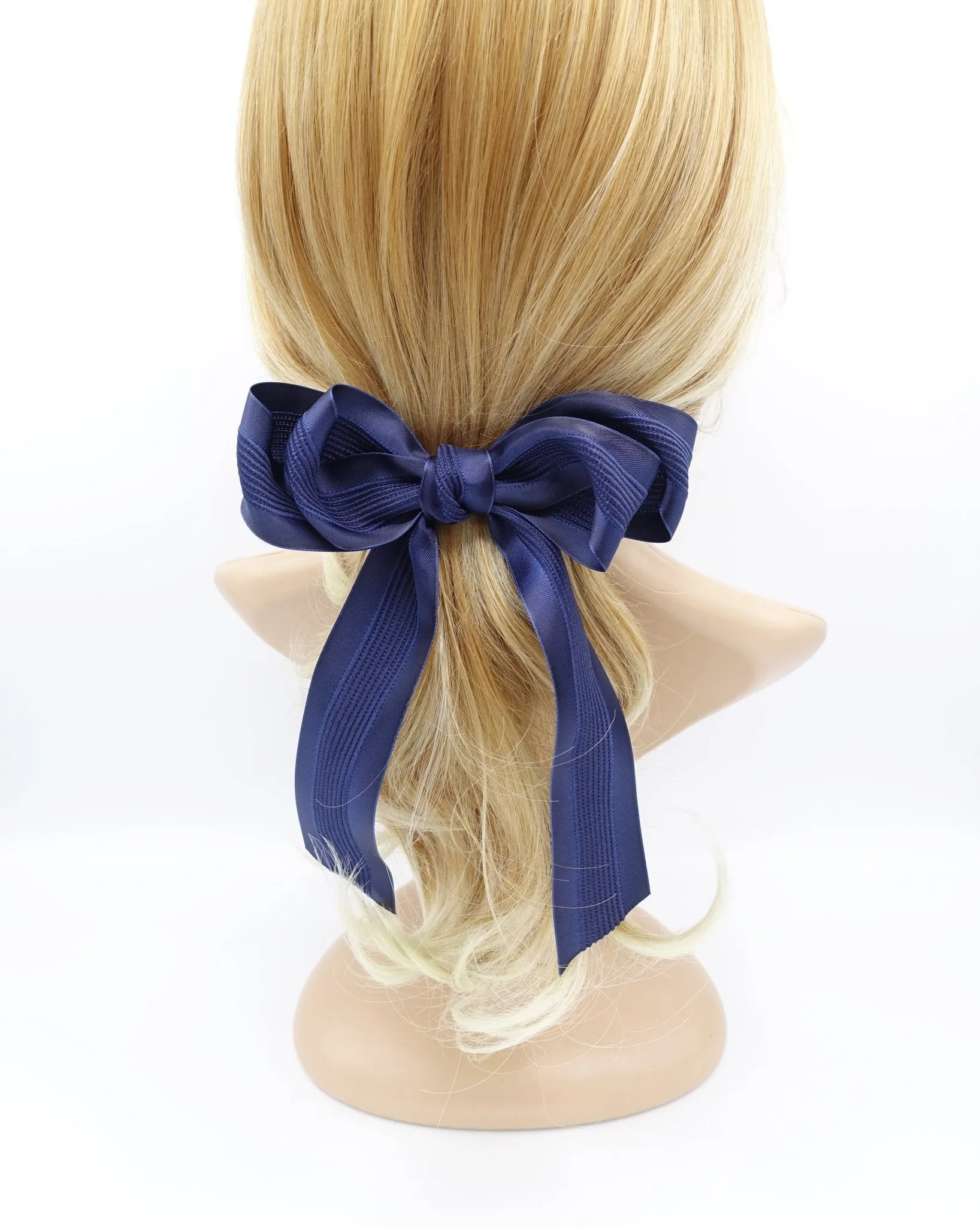 long tail layered hair bow corrugated stripe bow french hair barrette