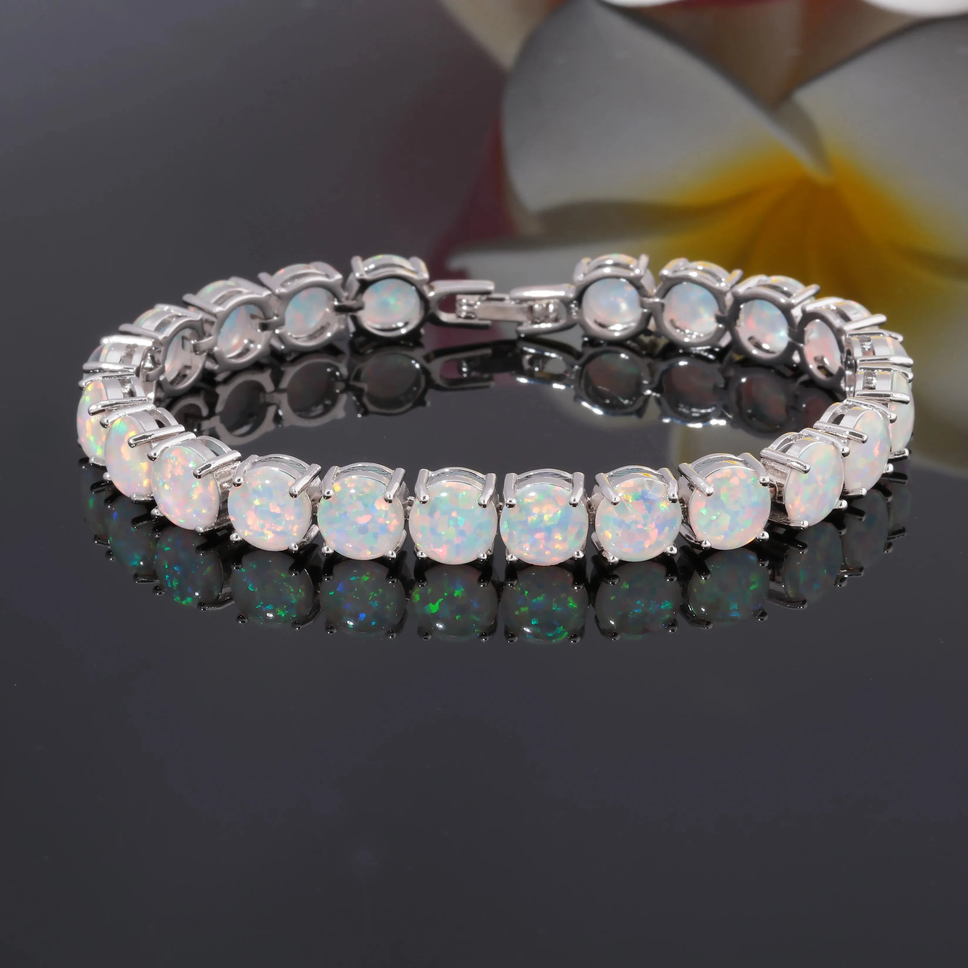 Luxury Silver Plated White Fire Opal Chain Bracelet for Women