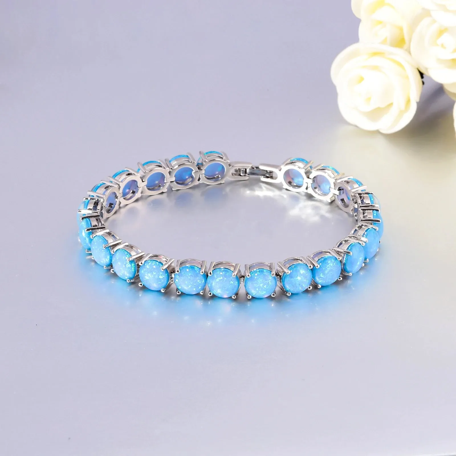 Luxury Silver Plated White Fire Opal Chain Bracelet for Women