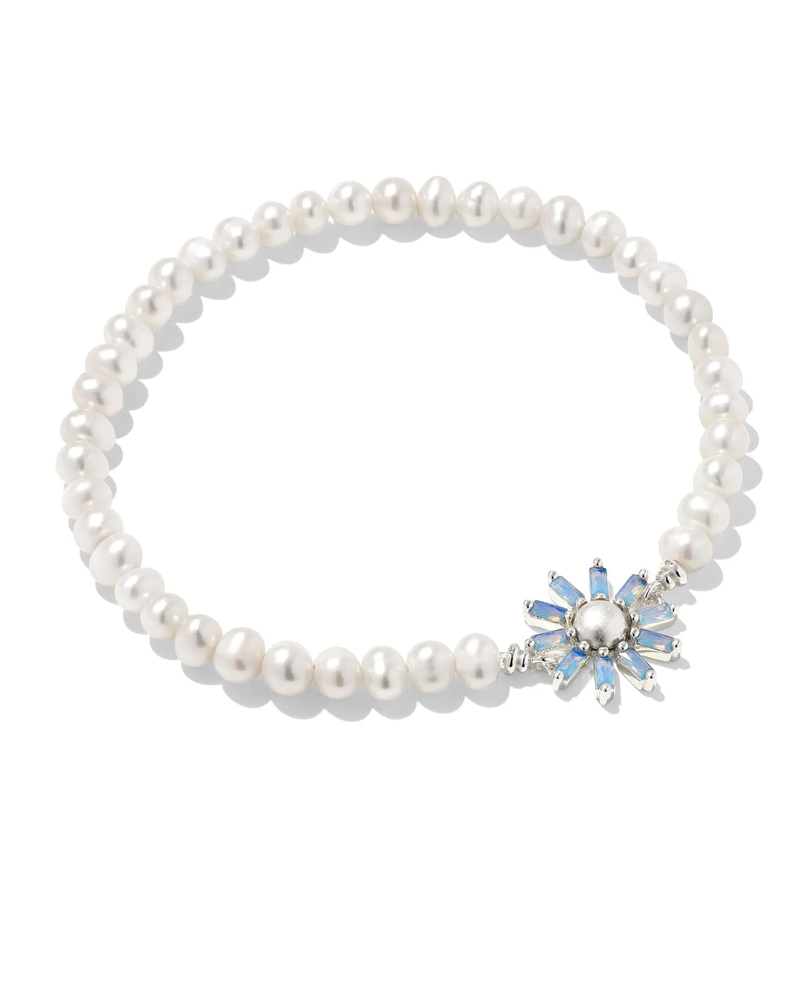 Madison Daisy Pearl Stretch Bracelet In Bright Silver - Light Blue Opal Crystal