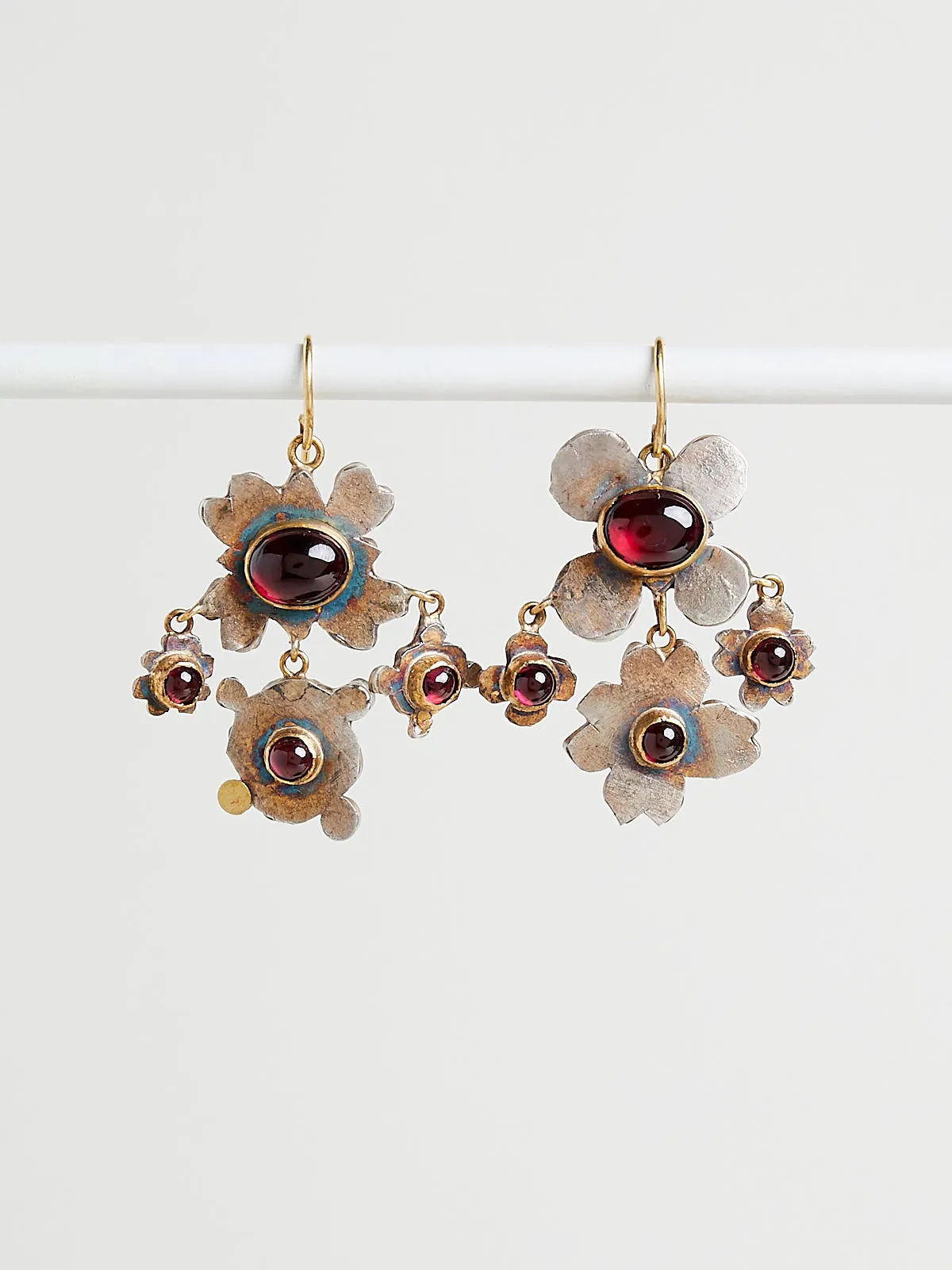 Medieval Folklorish Rhodolite Garnet Dangling Earrings in Silver and 18k Yellow Gold