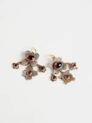 Medieval Folklorish Rhodolite Garnet Dangling Earrings in Silver and 18k Yellow Gold