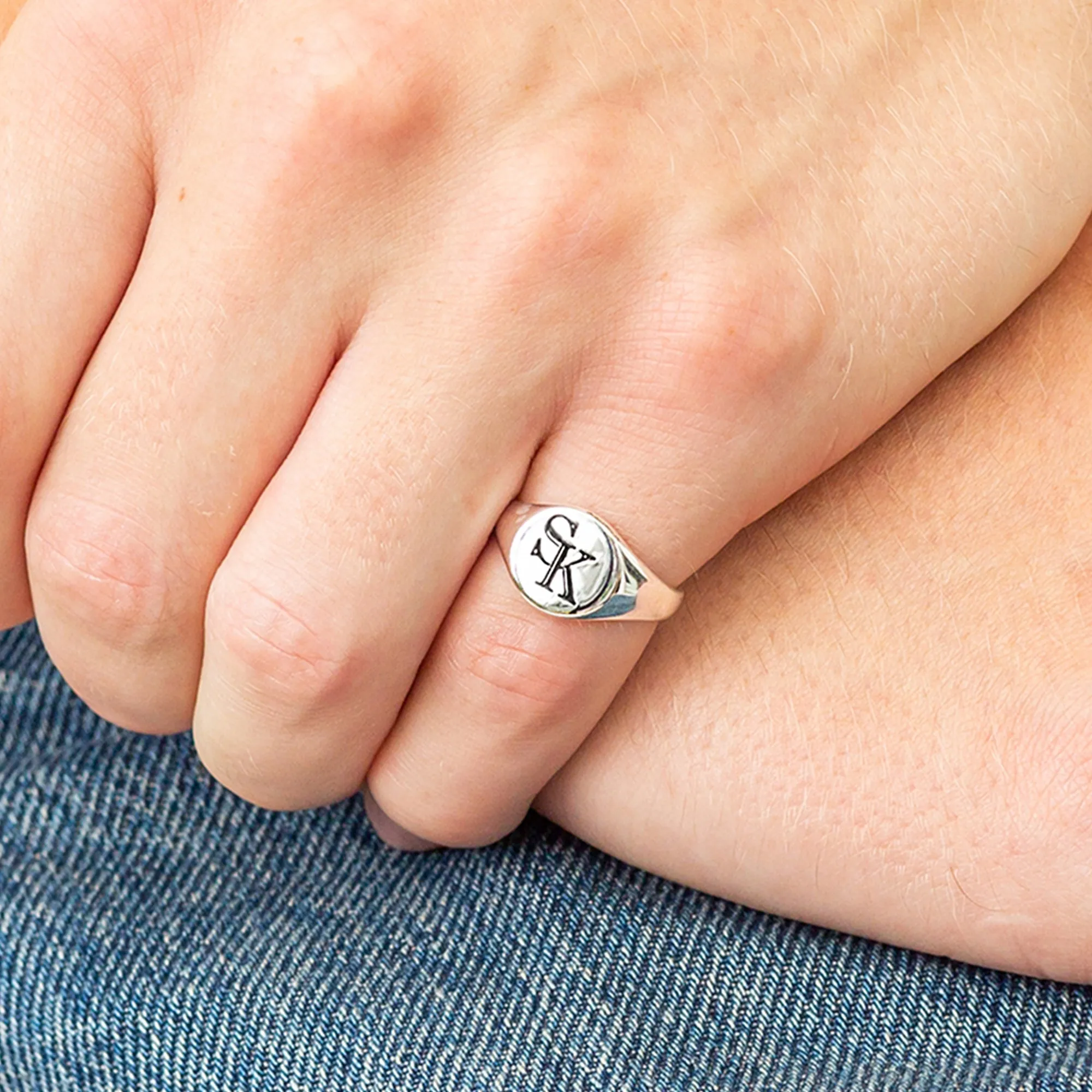 Monogram Initials Round Silver Signet Ring - 2 Initials