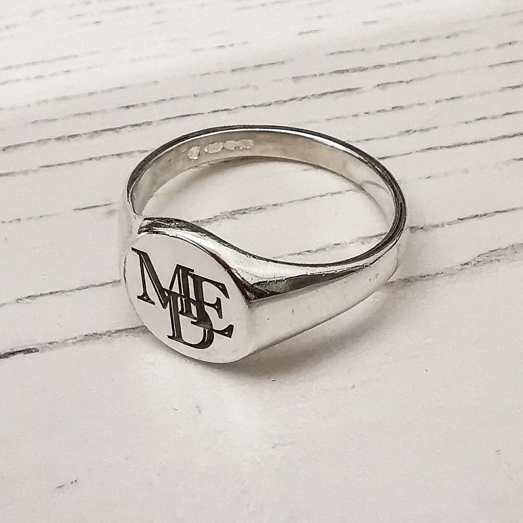 Monogram Initials Round Silver Signet Ring - 2 Initials