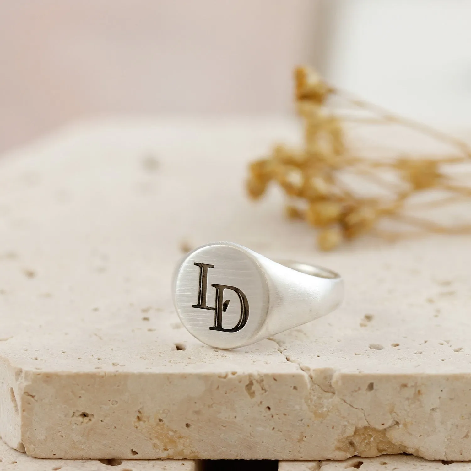 Monogram Initials Round Silver Signet Ring - 2 Initials