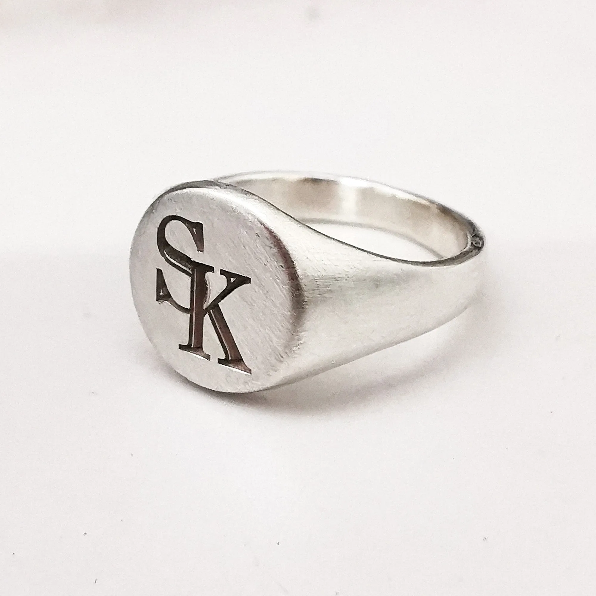 Monogram Initials Round Silver Signet Ring - 2 Initials