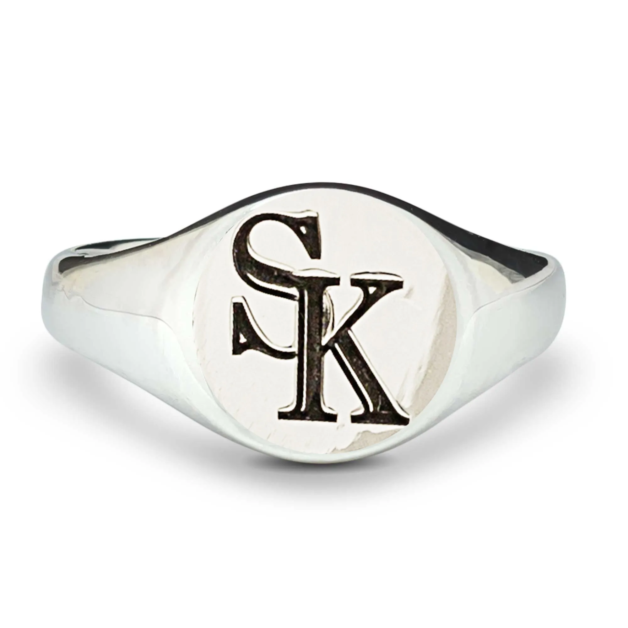 Monogram Initials Round Silver Signet Ring - 2 Initials