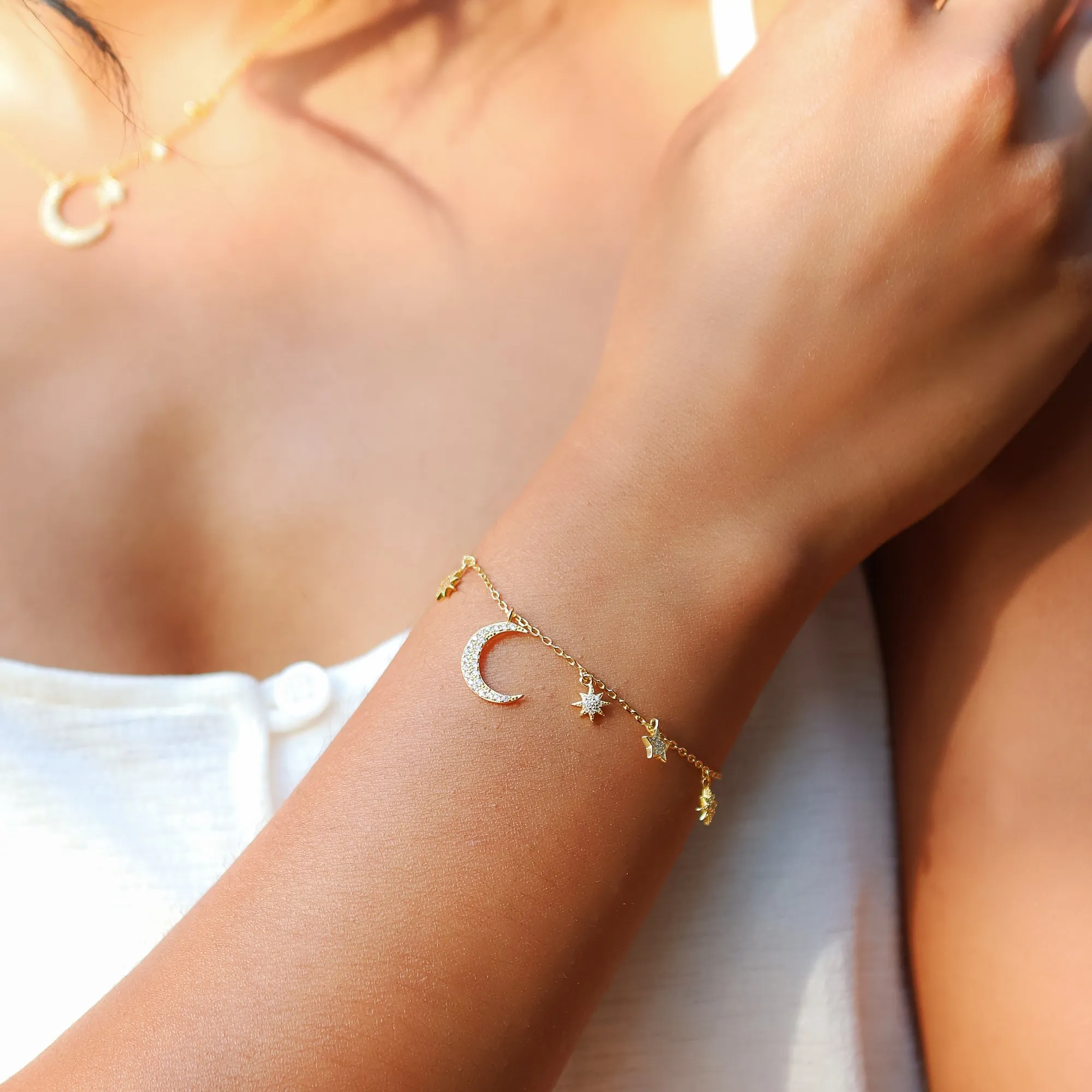 Moon & Star Charm Gift Set | Necklace & Bracelet | 18k Gold Plated