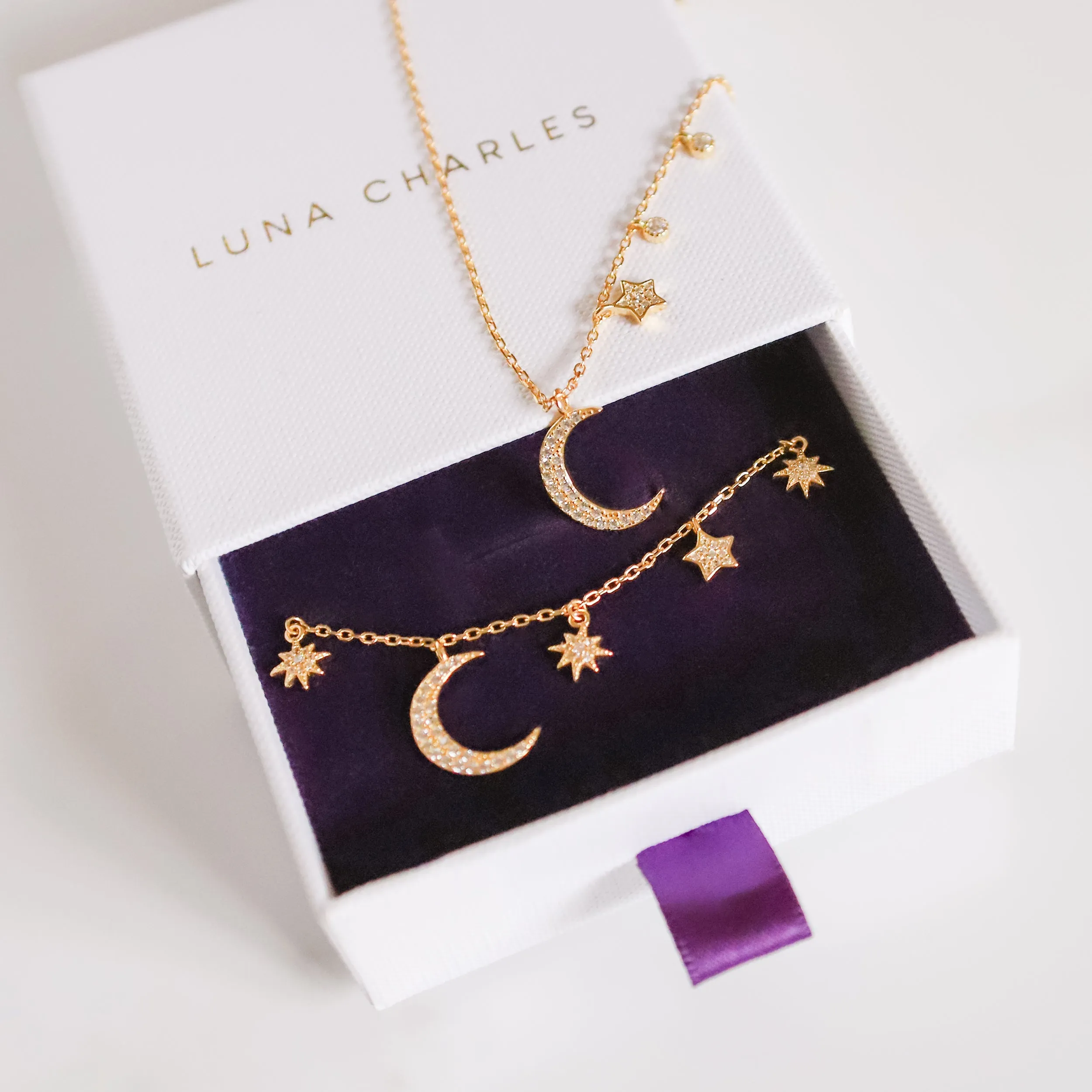 Moon & Star Charm Gift Set | Necklace & Bracelet | 18k Gold Plated