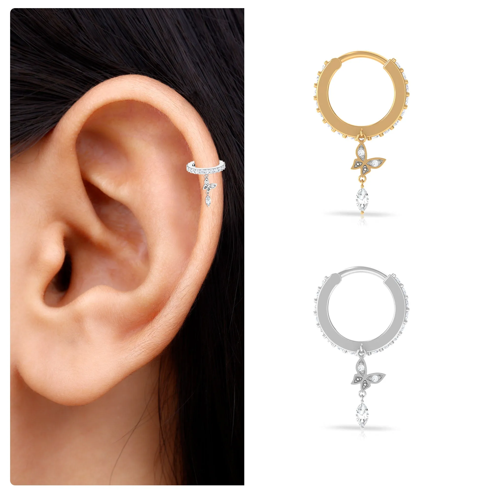 Natural Diamond Butterfly Drop Hoop Earring for Helix Piercing