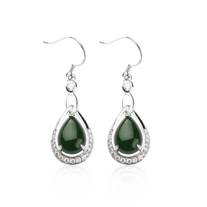 Natural Jade Earrings Nephrite Silver Zircon Earrings ZEG558