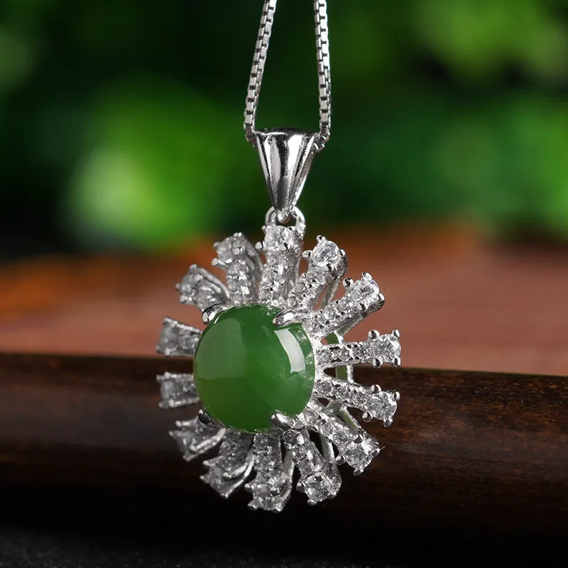 Natural Jade Pendant Nephrite Silver Zircon Pendant ZPT143