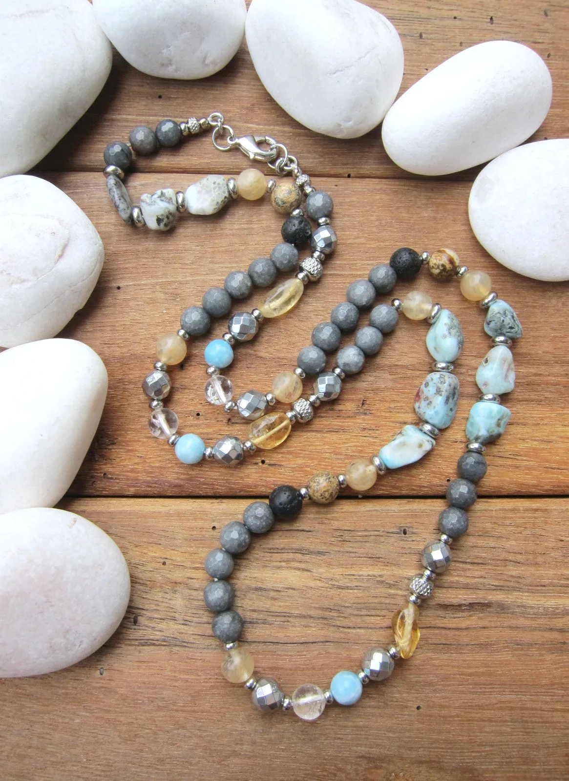 Natural Larimar, Citrine Stainless Steel Clasp Necklace