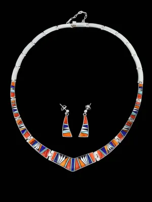 Navajo Multistone Inlay Sterling Silver Link Necklace Set