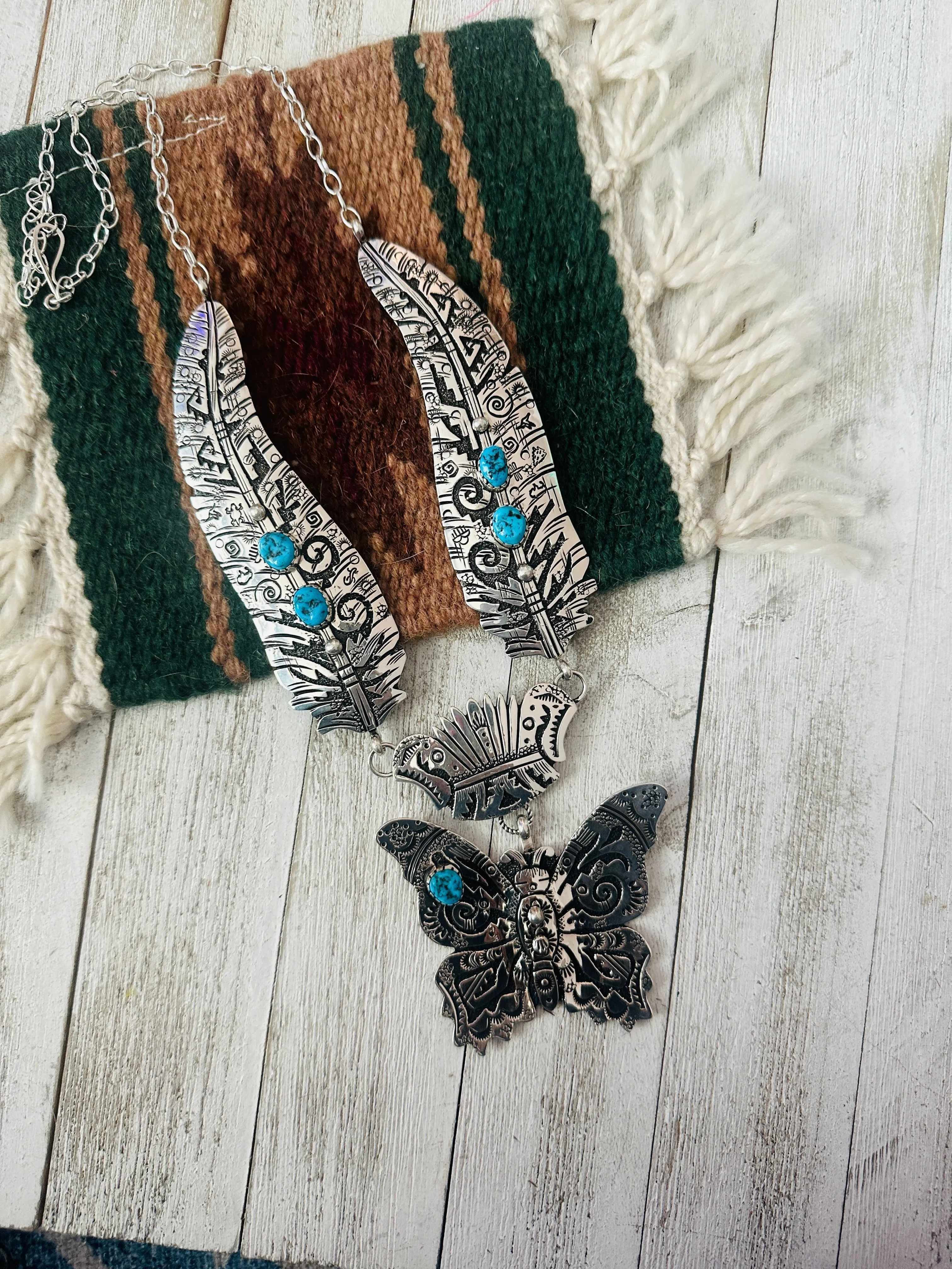 Navajo Sterling Silver & Turquoise Butterfly Necklace by Richard Singer