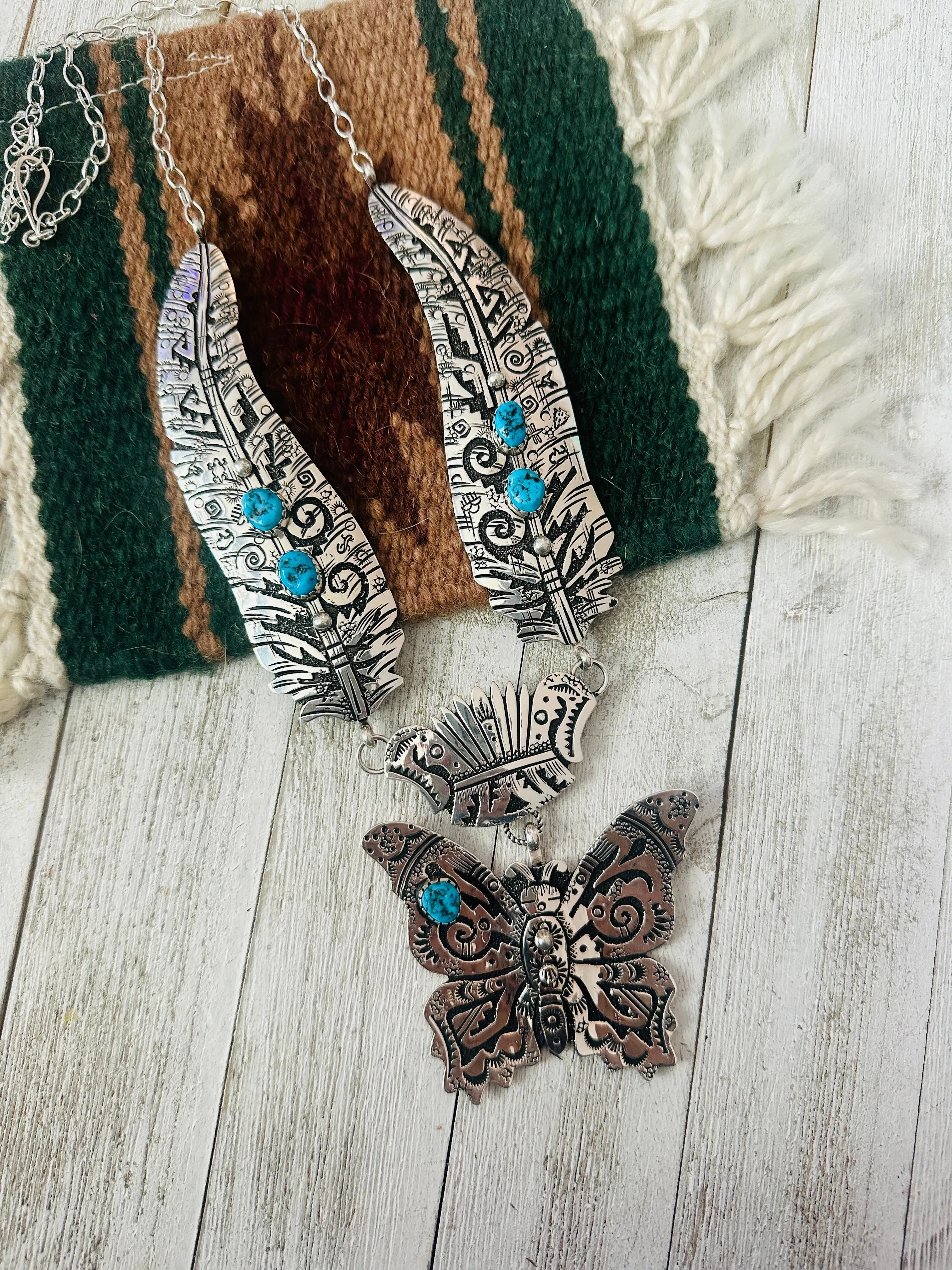 Navajo Sterling Silver & Turquoise Butterfly Necklace by Richard Singer