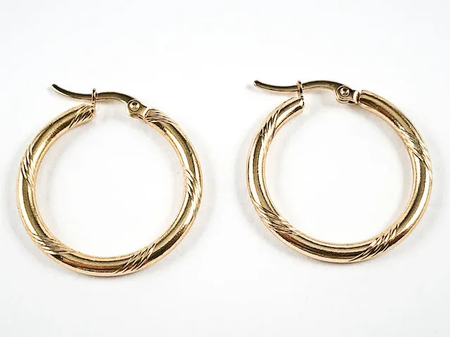 Nice Textured Shiny Metallic Gold Tone Hoop Steel Earrings