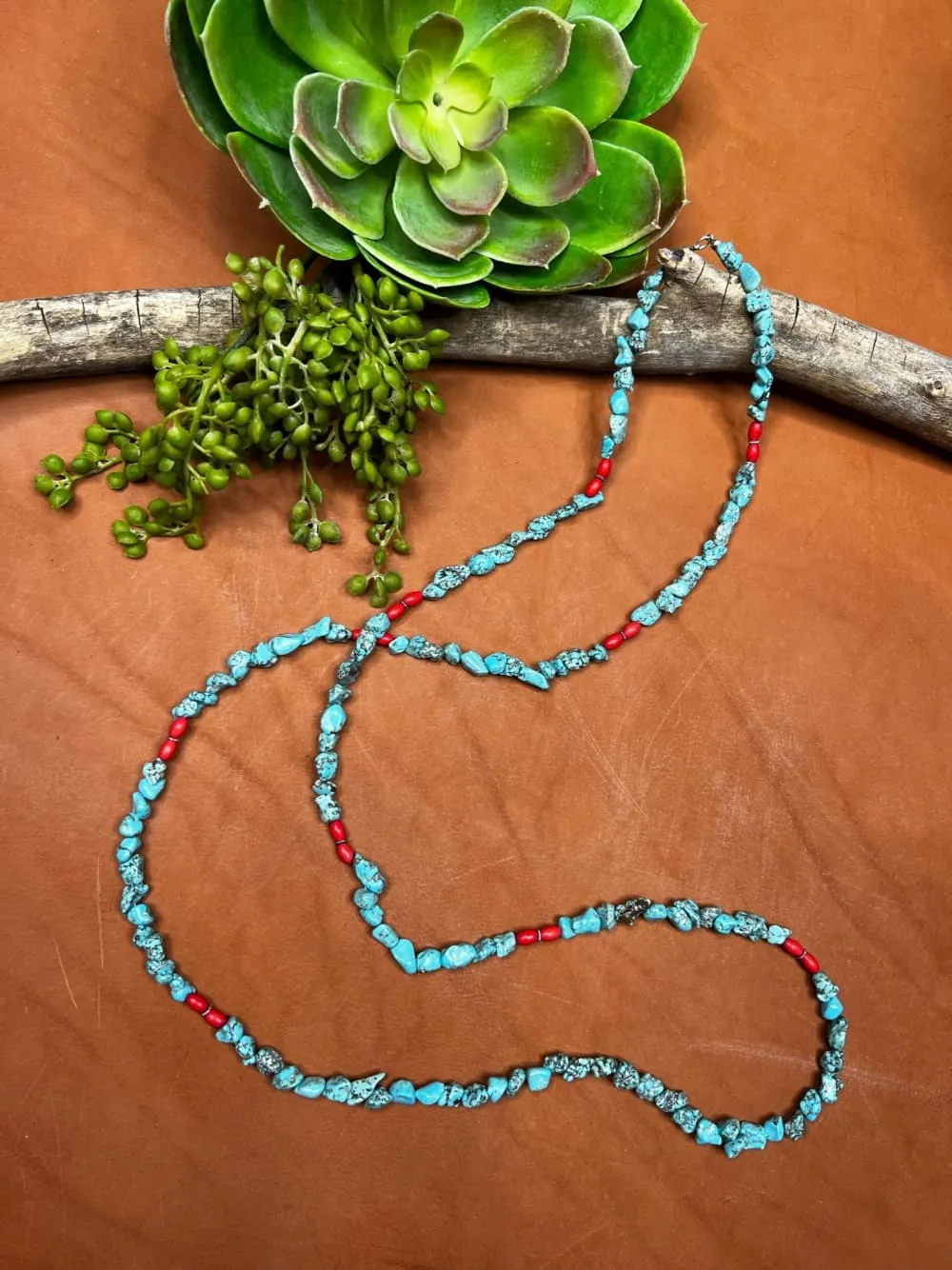 Nocona Turquoise Chip and Red Bead Long Necklace