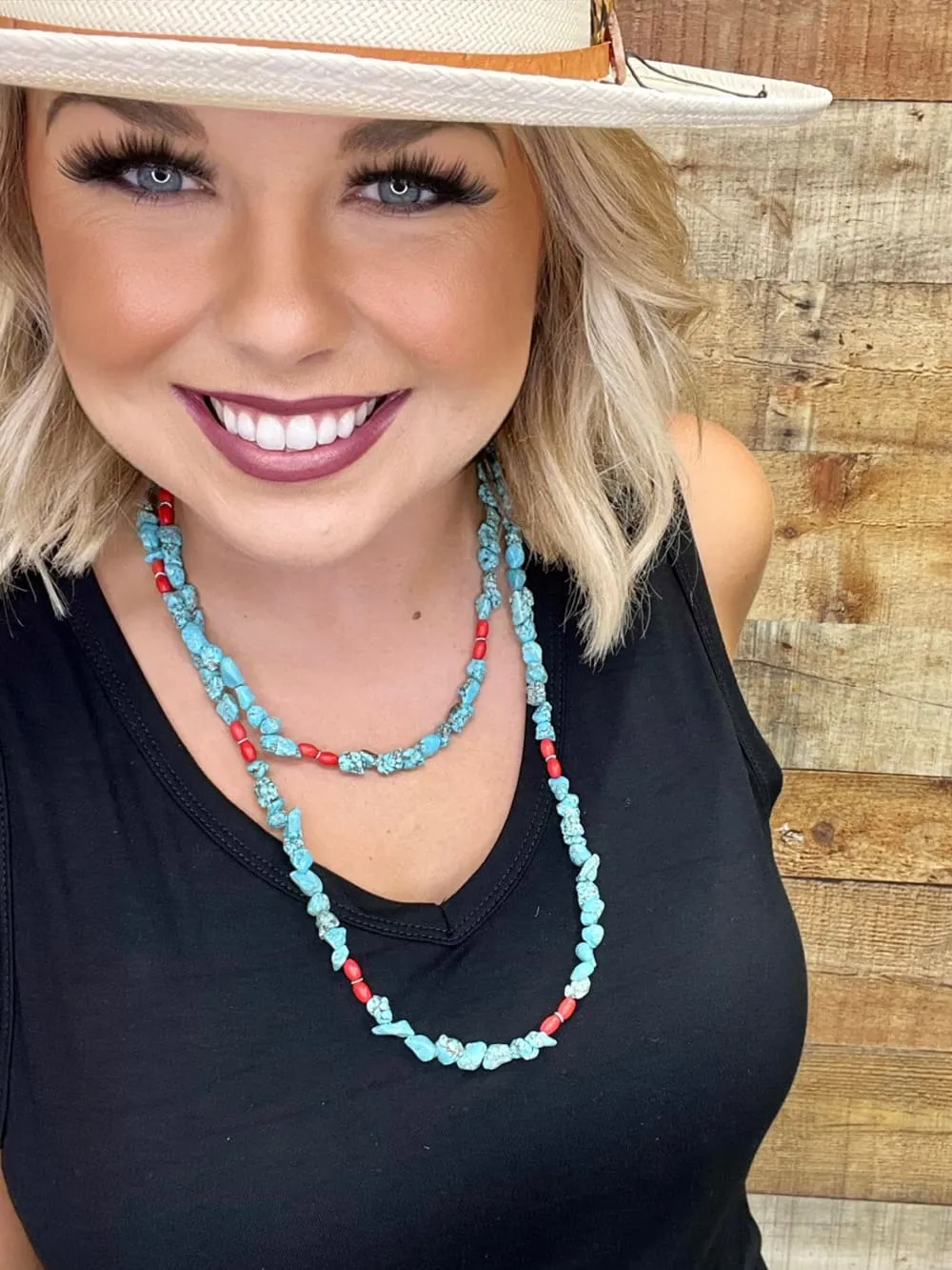 Nocona Turquoise Chip and Red Bead Long Necklace