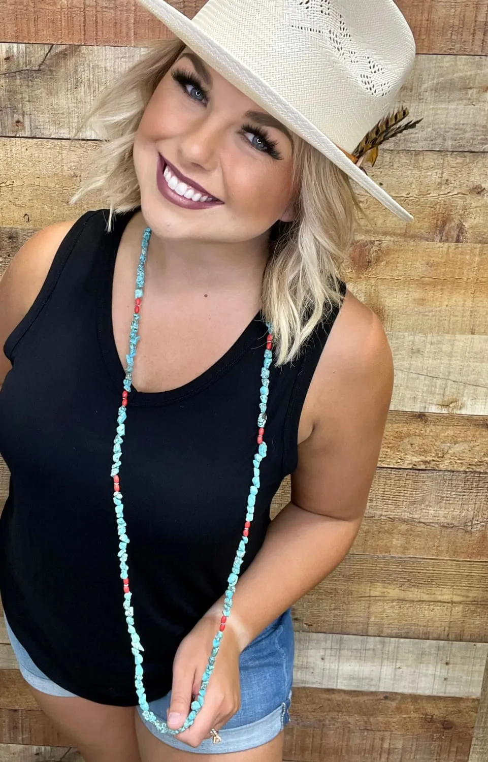 Nocona Turquoise Chip and Red Bead Long Necklace