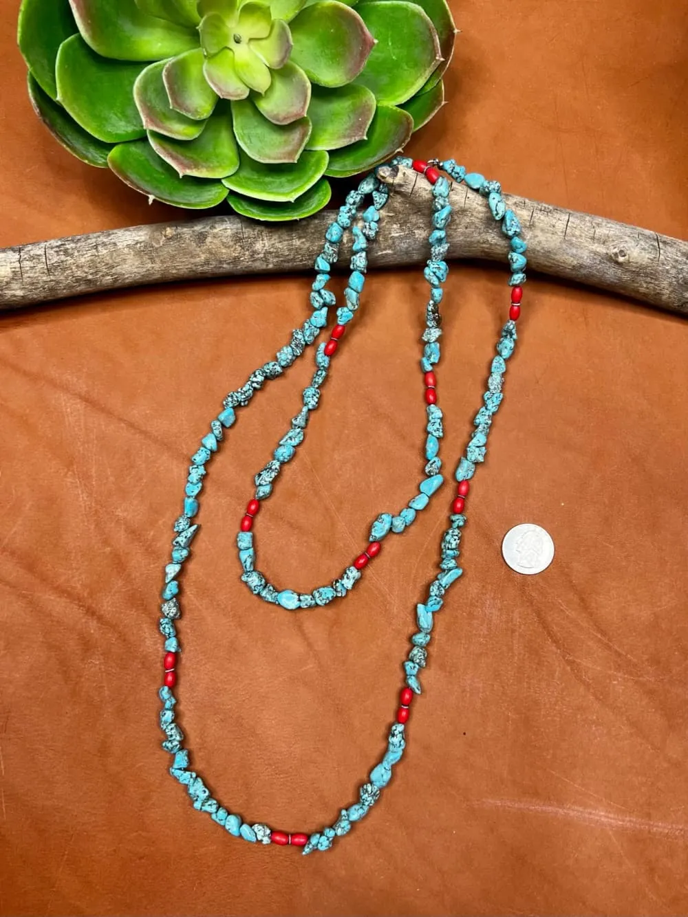 Nocona Turquoise Chip and Red Bead Long Necklace