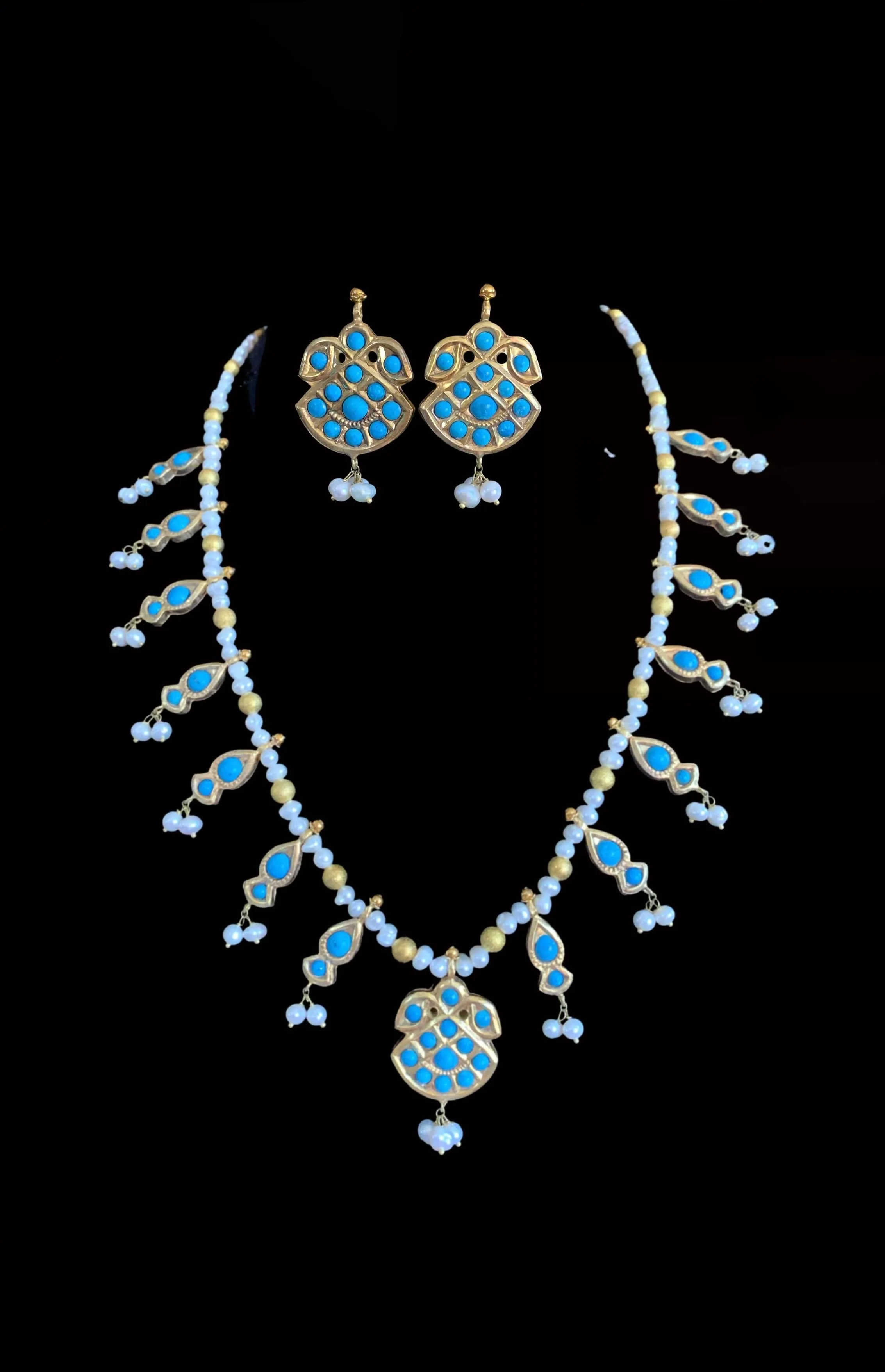 NS218 feroza kali necklace with natural turquoise and fresh water pearls (SHIPS IN 4 WEEKS  )