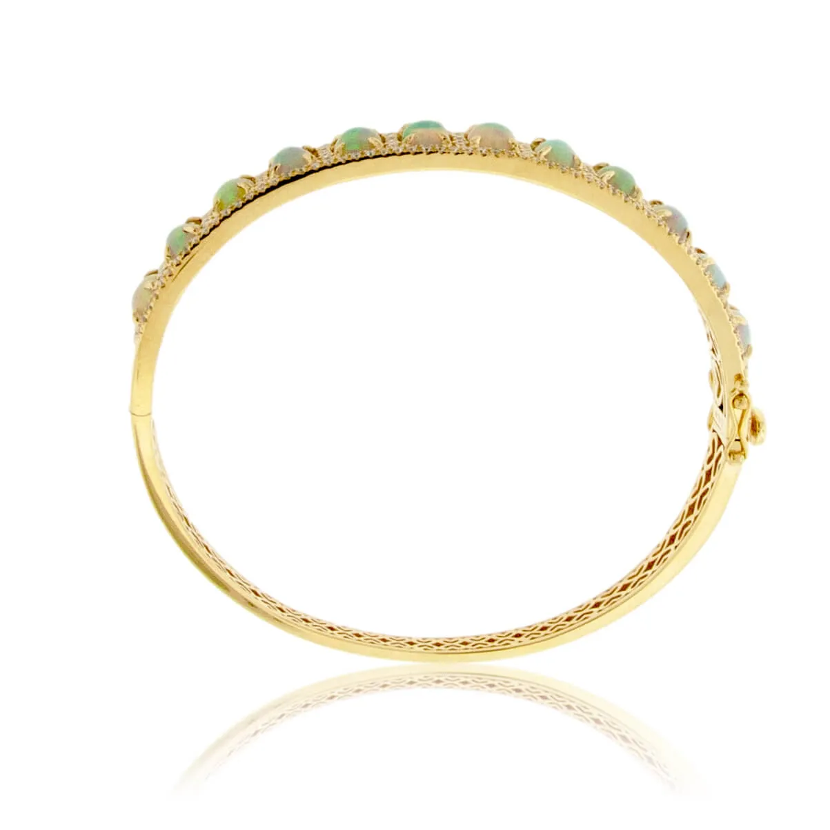 Oval Opal Cabochon & Diamond Halo Bangle Bracelet