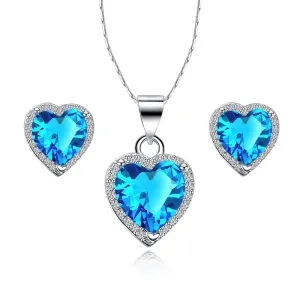 Paris Jewelry 18k White Gold Plated Heart 4 Carat Created Blue Topaz Full Set Necklace, Earrings 18 Inch