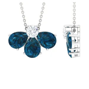 Pear Cut London Blue Topaz and Moissanite Flower Pendant