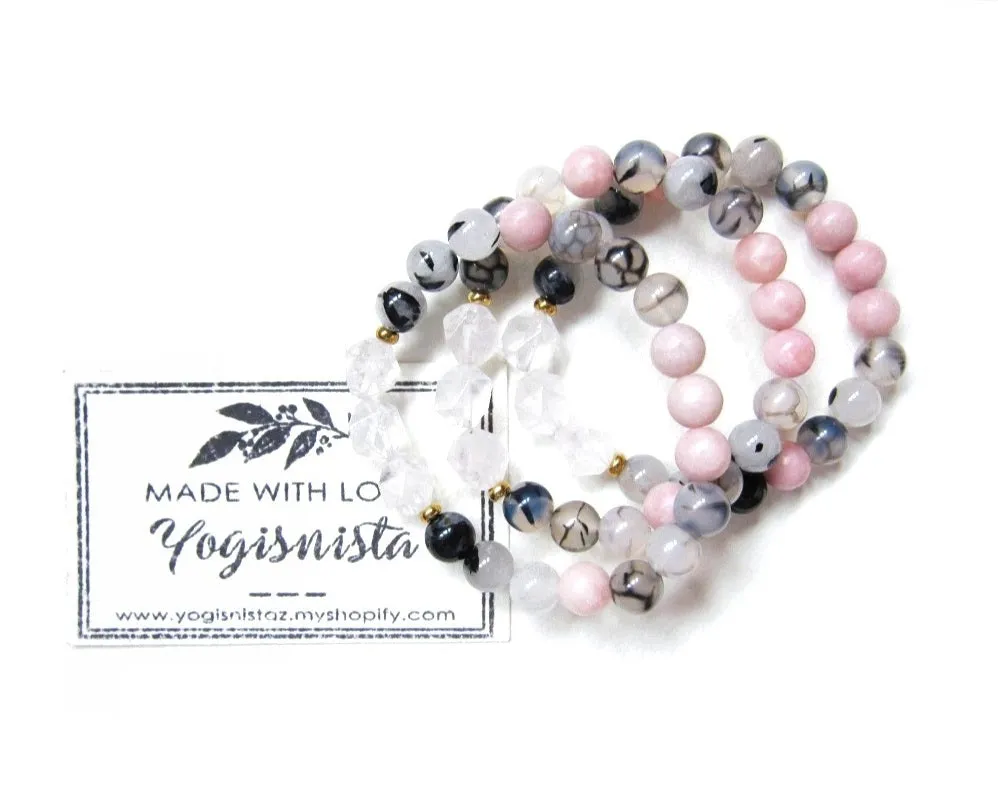 Pink Opal, Rose Quartz and Agate Single Mala Bracelet