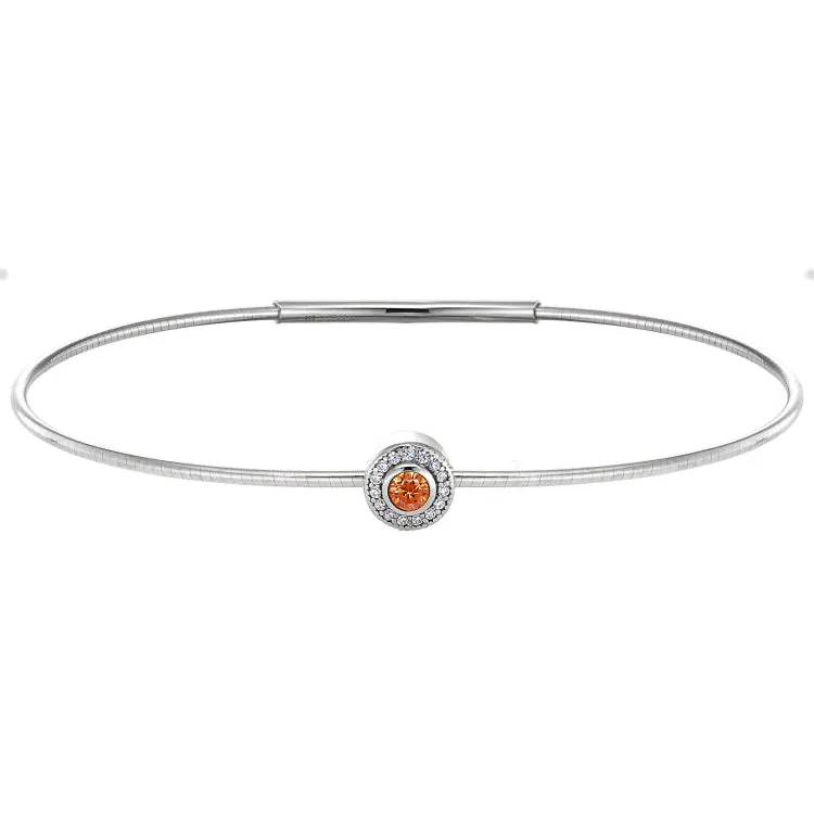 Platinum Finish Sterling Silver Round Simulated Citrine Birth Gem Bracelet with Simulated Diamonds