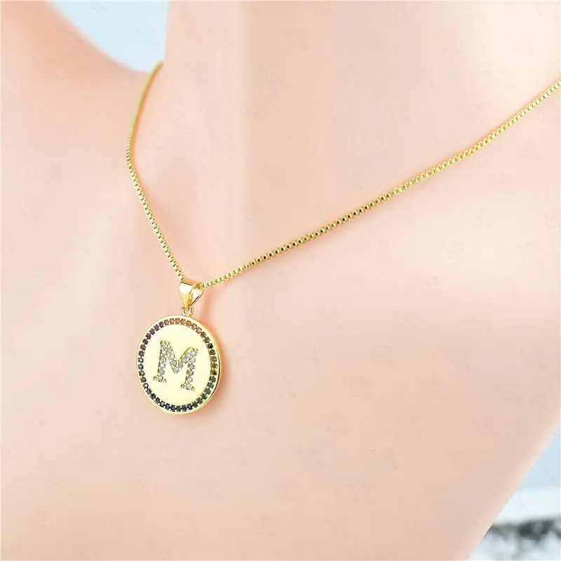 Rainbow Zircon Accented Personalized Initial Letter Pendant Necklaces