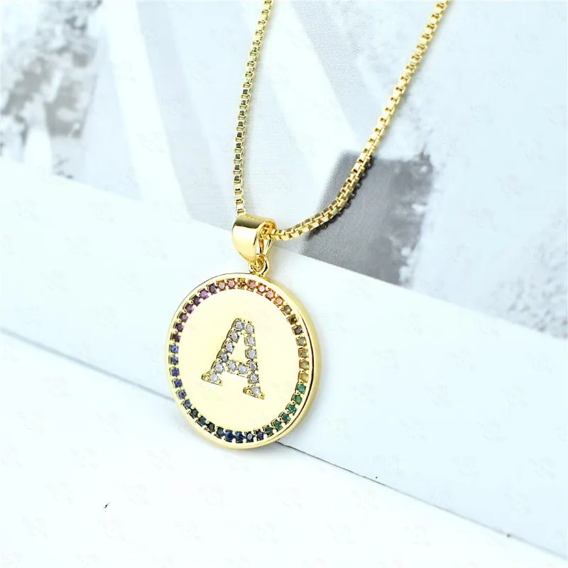 Rainbow Zircon Accented Personalized Initial Letter Pendant Necklaces