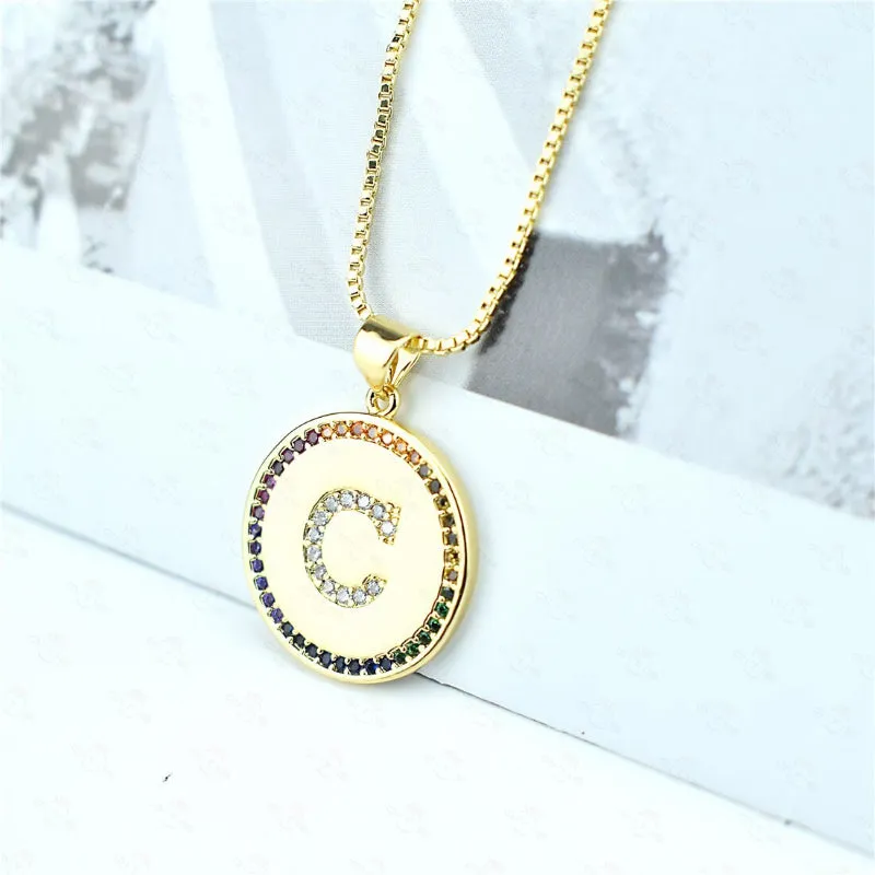 Rainbow Zircon Accented Personalized Initial Letter Pendant Necklaces