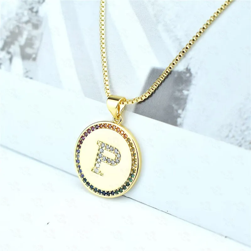 Rainbow Zircon Accented Personalized Initial Letter Pendant Necklaces