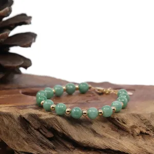 RealJade® Co. Genuine Green Jadeite Jade Round Beads Bracelet With 18K Yellow Gold Clasp and Gold Beads ( 7 mm )