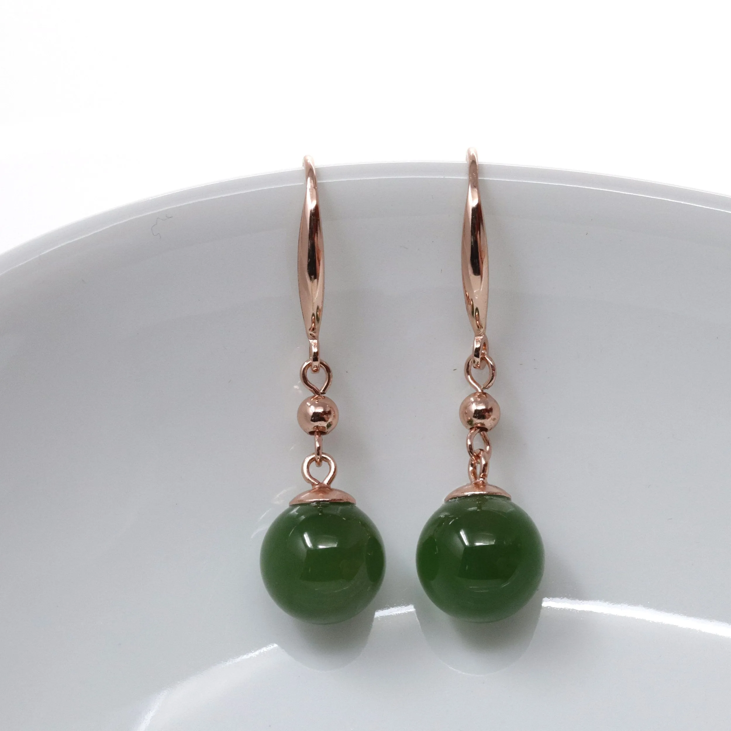 RealJade® "Classic Bead Earrings" Sterling Silver Genuine Nephrite Green Jade Dangle Earrings