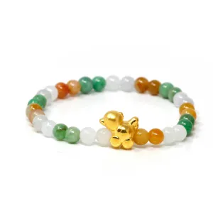 RealJade® "Lucky Chicken" Multi-Color Genuine High-quality Jade Jadeite Bracelet with 24k Yellow Gold Chicken Charm Colorful #425