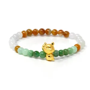 RealJade® "Lucky Fox" Genuine High-quality Jade Jadeite Colorful Bracelet Bangle with 24k Yellow Gold Fox Charm#406