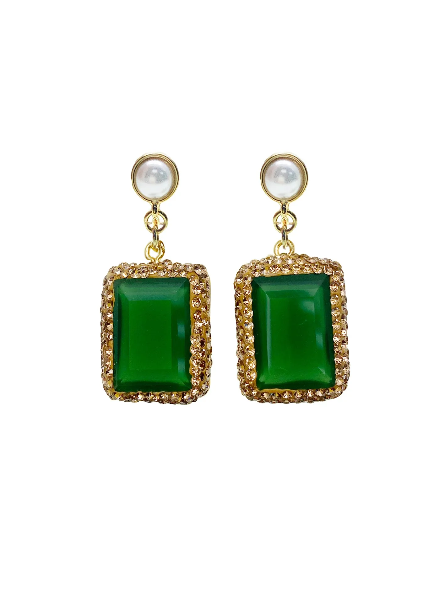 Rectangle Shaped Green Jade Rhinestone Clip-on Earrings HE005