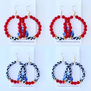 Red, Black & White Game day Beaded Hoop Earrings - 2 Styles