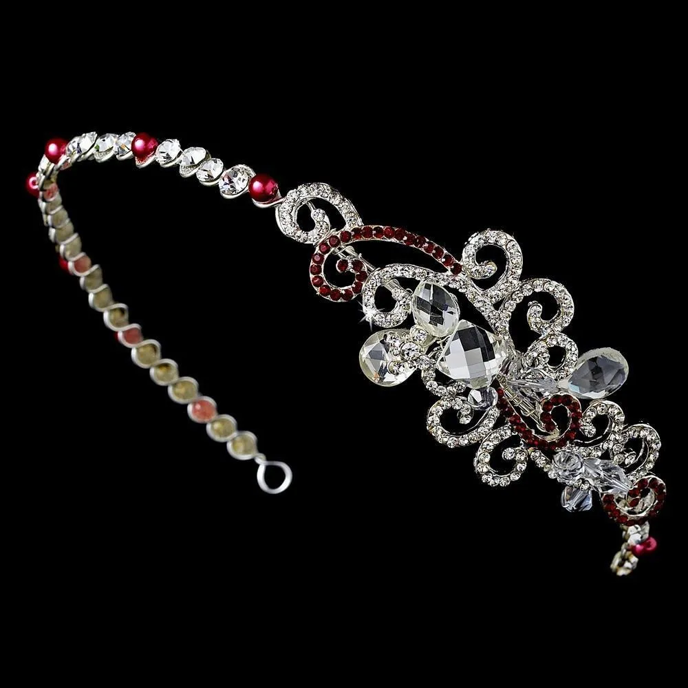 Red Crystal Bridal Tiara with Side Ornamentation