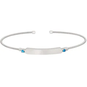 Rhodium Finish Sterling Silver Cable Cuff Bracelet with Name Plate and Simulated Blue Zircon Birth Gems - December