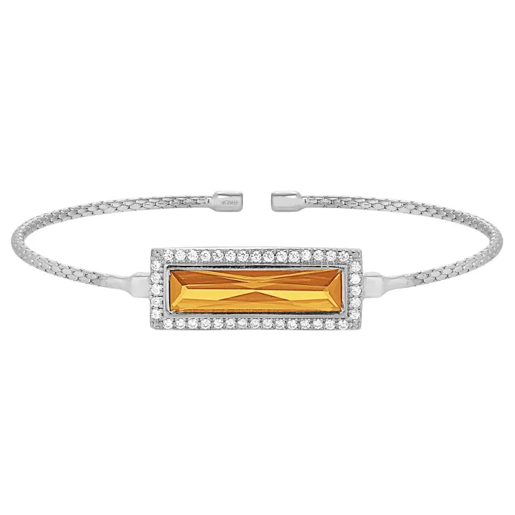 Rhodium Finish Sterling Silver Cable Cuff Bracelet with Rectangular Simulated Citrine Stone and Simulated Diamonds