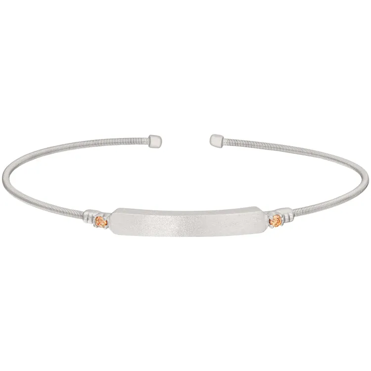 RhodiumFinish Sterling Silver Cable Cuff Bracelet with Name Plate and Simulated Citrine Birth Gems - November