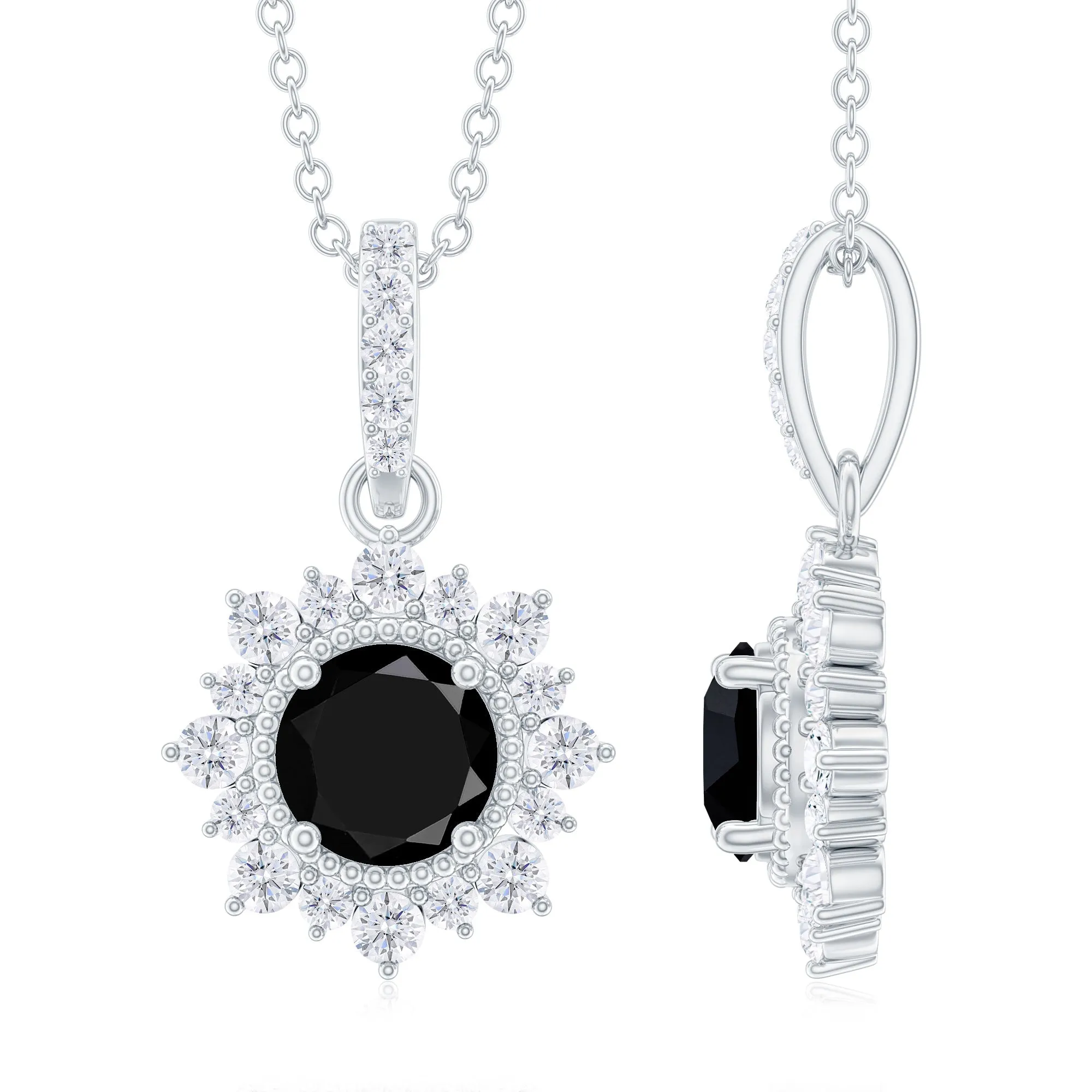 Round Created Black Diamond Halo Pendant with Diamond